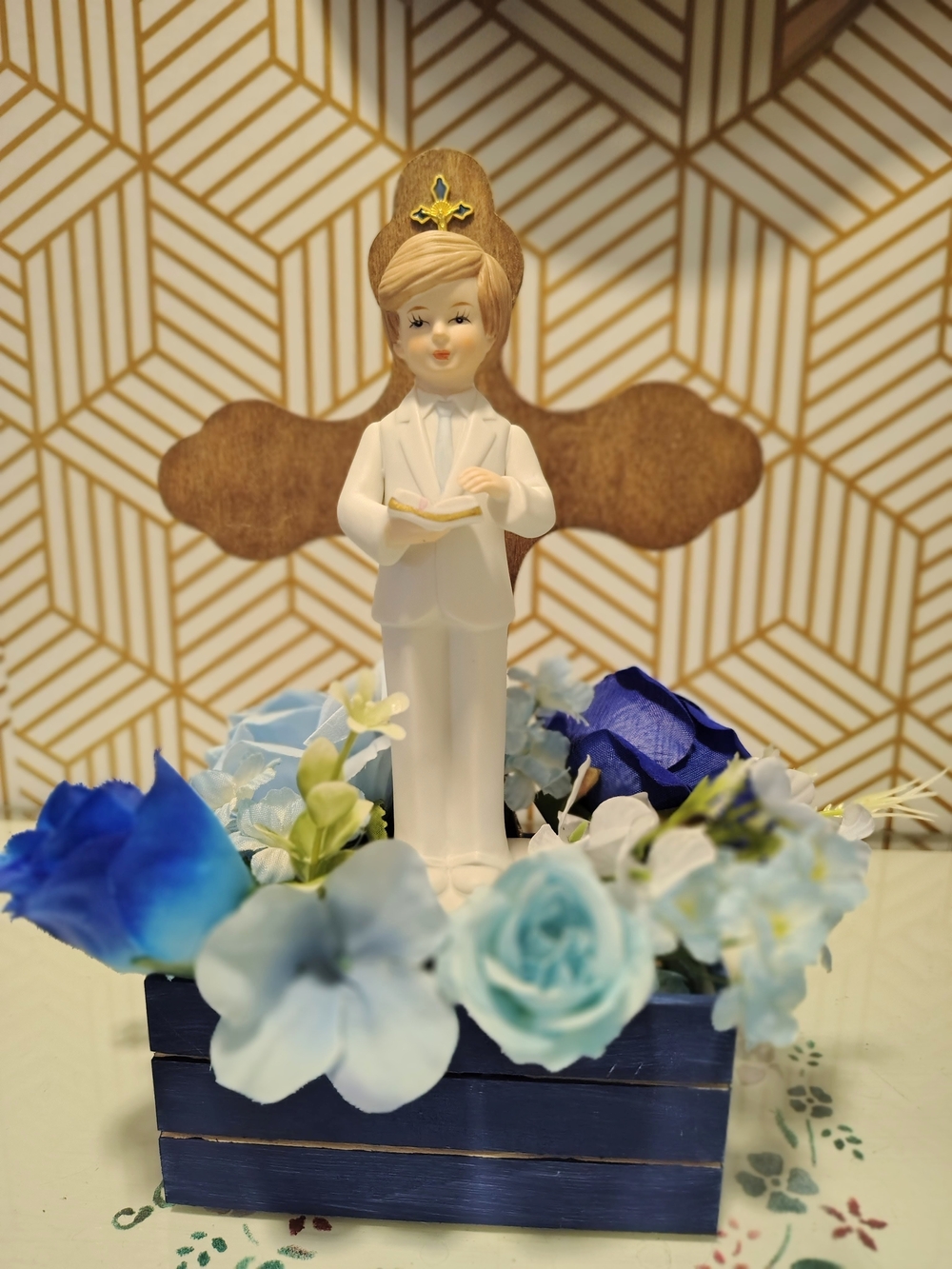 White First Communion Boy Figurine with Blue Floral Arrangement